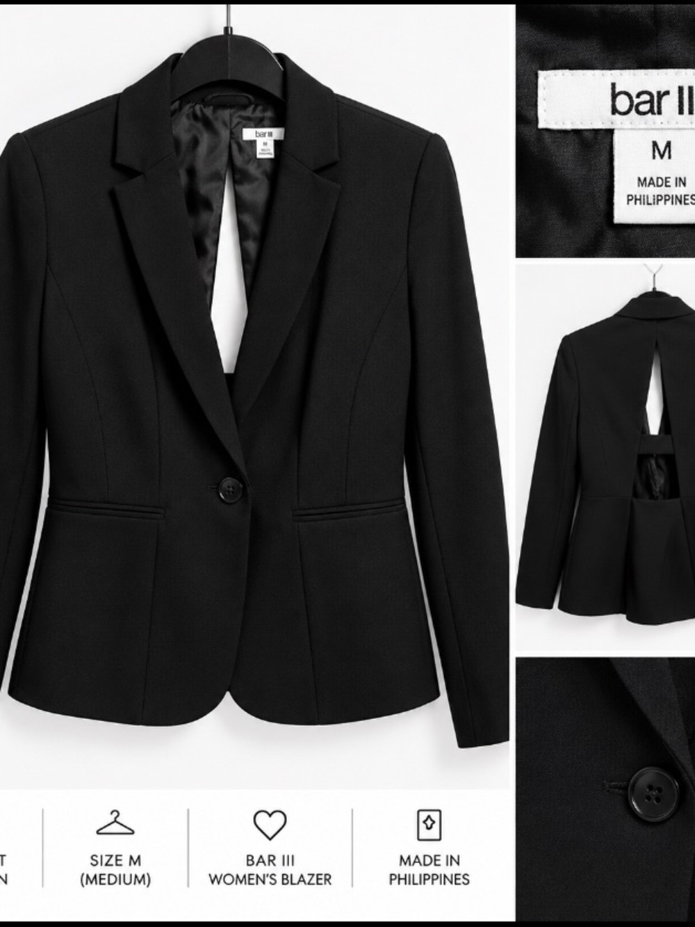 Bar III Black Women's Fitted One-Button Blazer